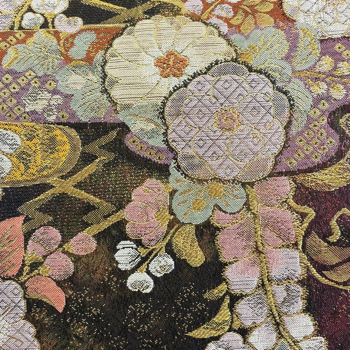 袋帶 秀品級 高台寺辻花染 松樹皮菱 金金箔 黑 六通 純蠶絲