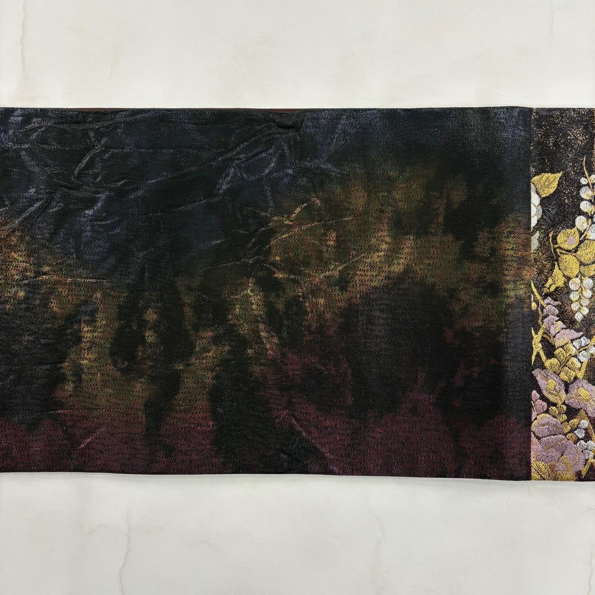 袋帶 秀品級 高台寺辻花染 松樹皮菱 金金箔 黑 六通 純蠶絲