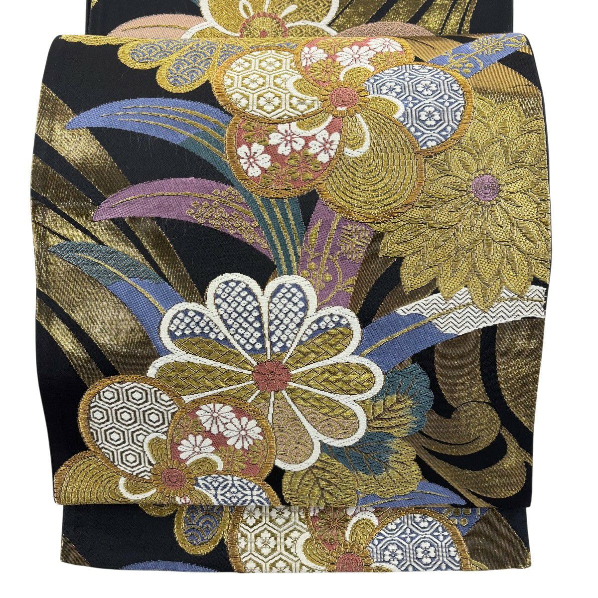 【美品】 袋帶 秀品級 梅花 菊花 唐織 金金箔 黑 六通 純蠶絲