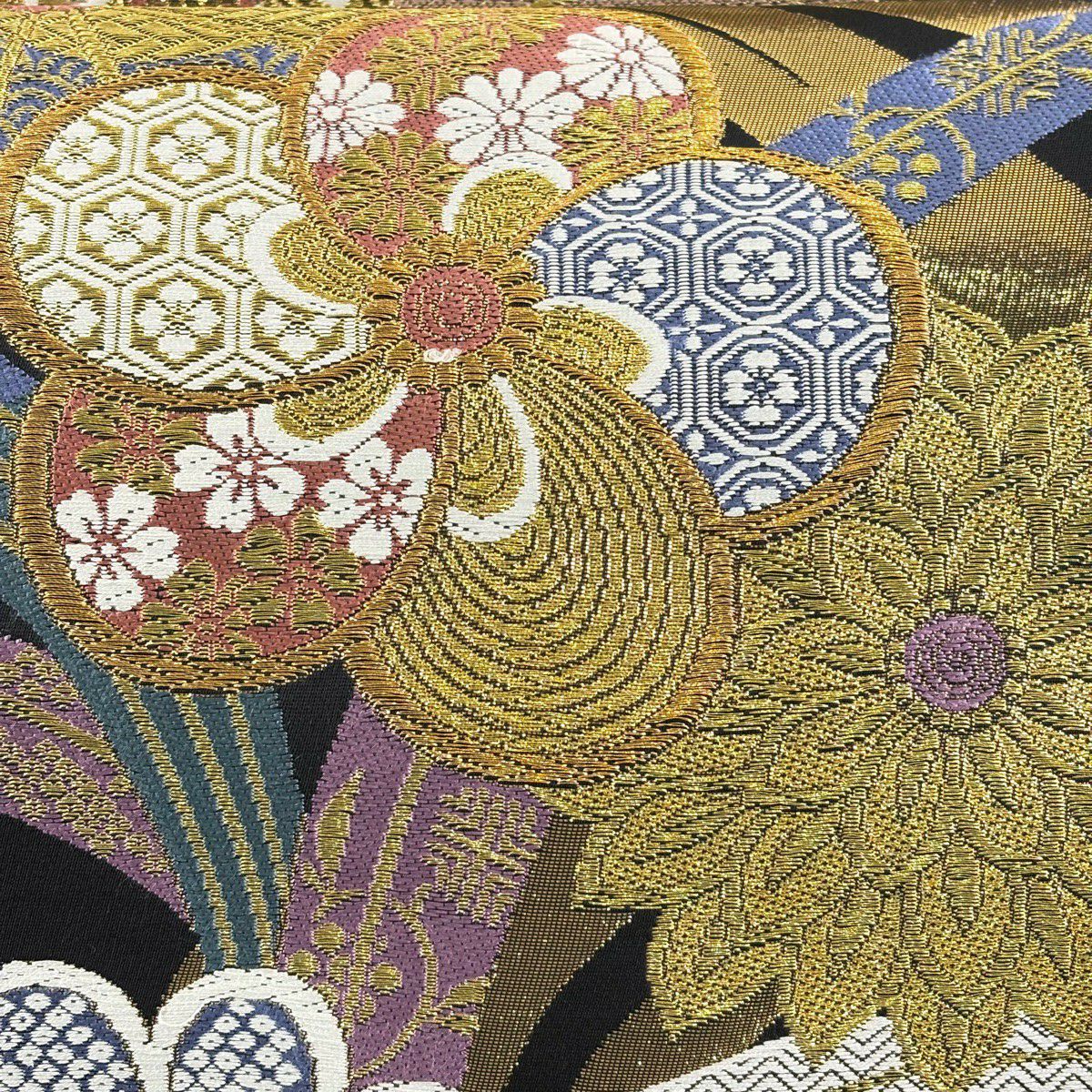 【美品】 袋帶 秀品級 梅花 菊花 唐織 金金箔 黑 六通 純蠶絲