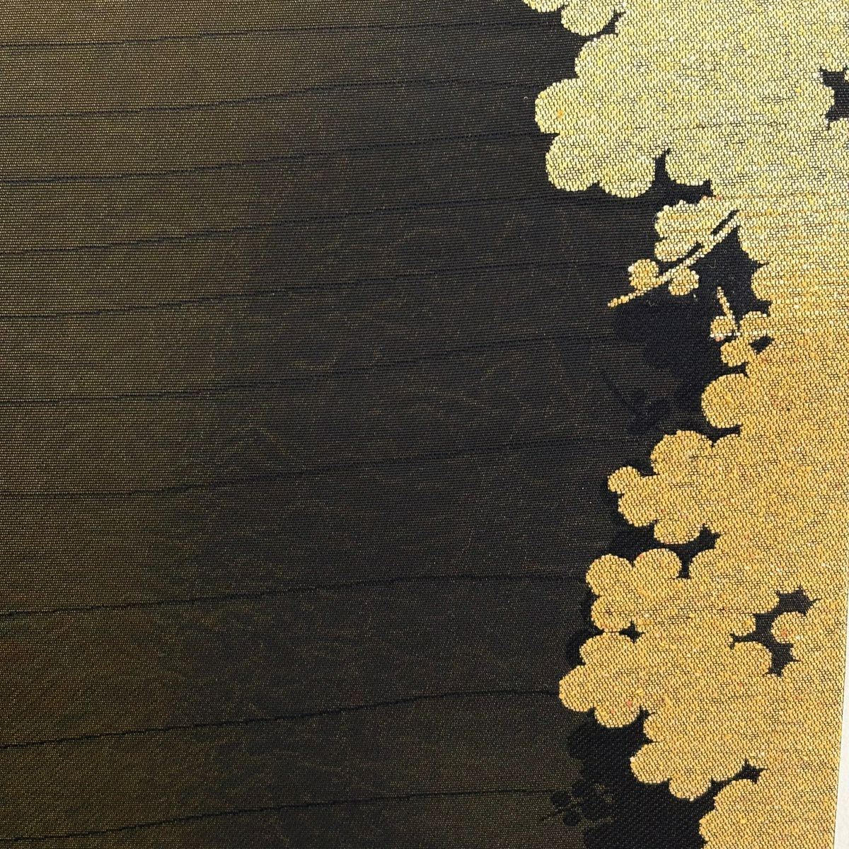 【美品】 袋帶 秀品級 輪廓 斜條 金金箔 金彩裝飾 茶綠 六通 純蠶絲