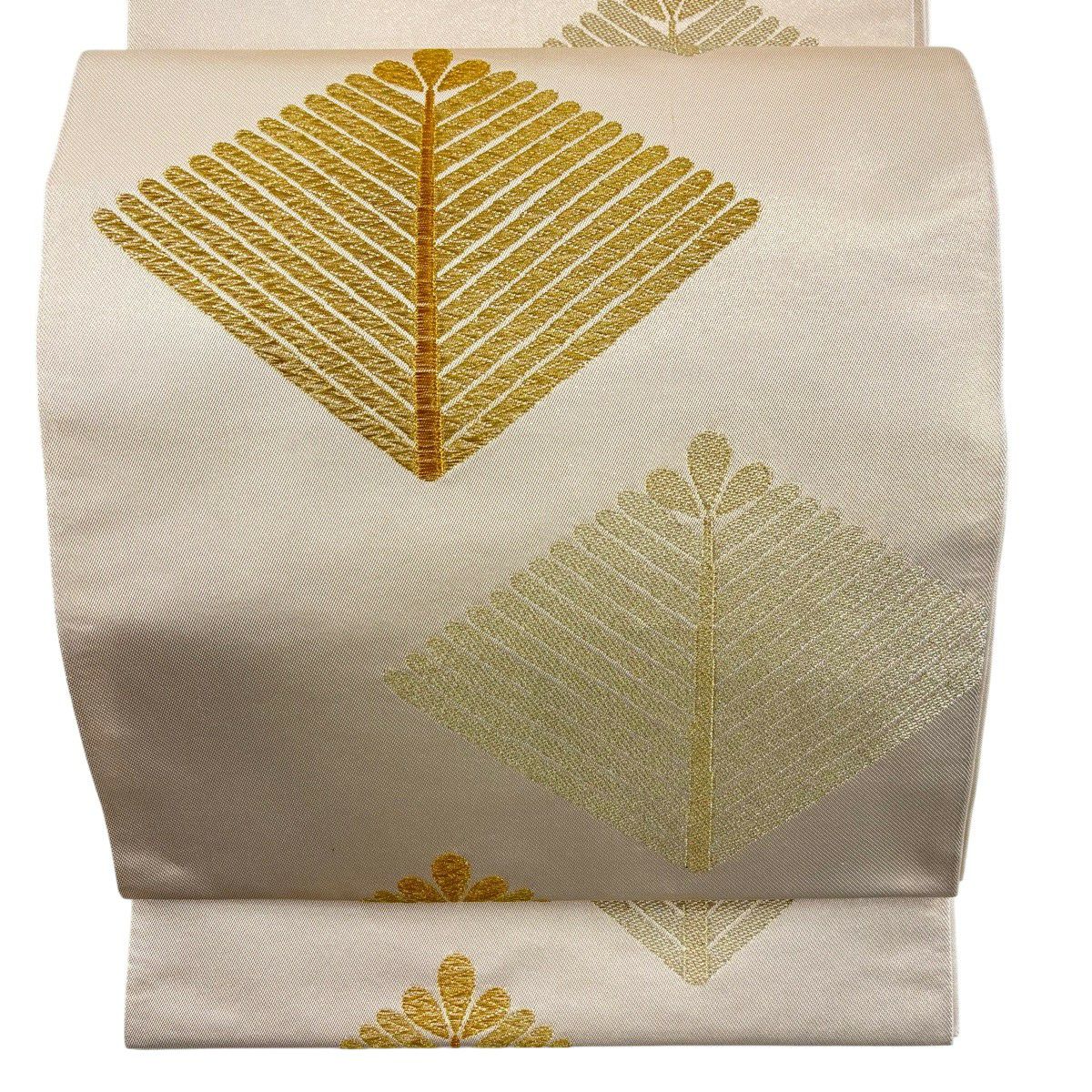 【美品】 袋帶 秀品級 若松樹 金絲 奶油色 大鼓圖案 純蠶絲