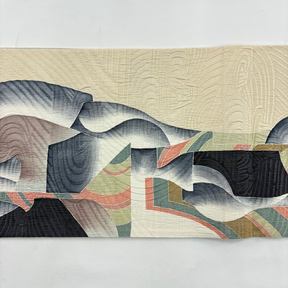 【美品】 袋帶 秀品級 附落款 紬織織 鵬翔 幾何學圖案 地紋 奶油色 全通 純蠶絲