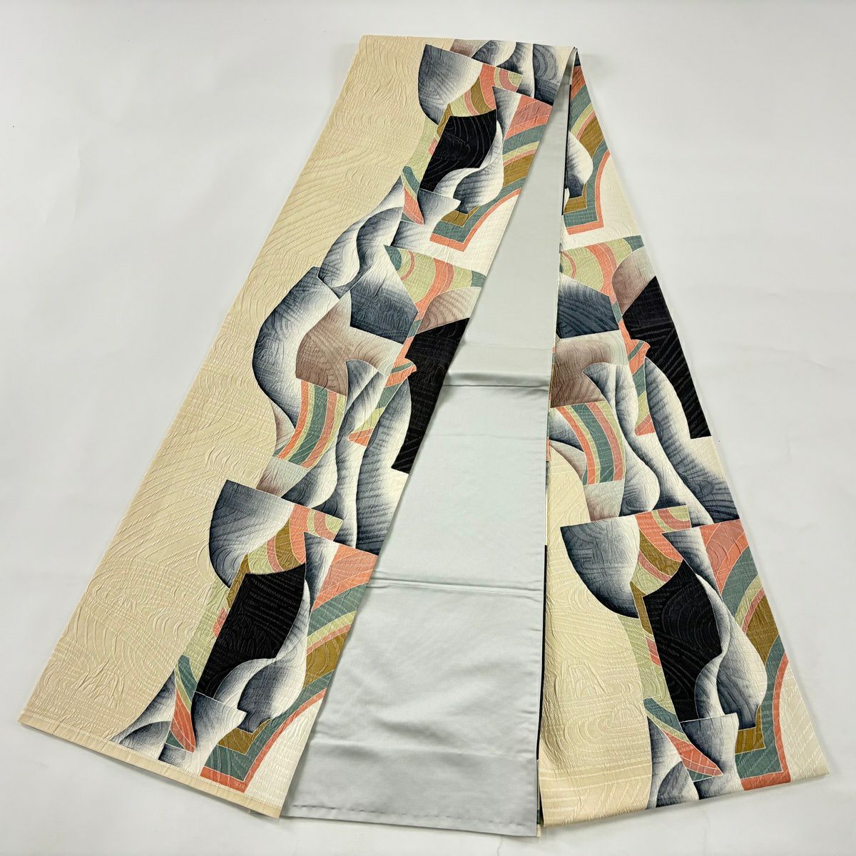 【美品】 袋帶 秀品級 附落款 紬織織 鵬翔 幾何學圖案 地紋 奶油色 全通 純蠶絲