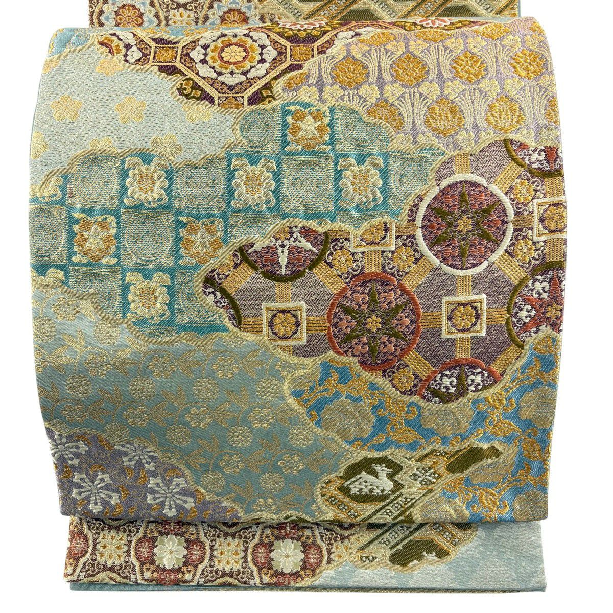 【美品】 袋帶 秀品級 彩織割付文 市松樹 金金箔 唐織 灰綠 六通 純蠶絲
