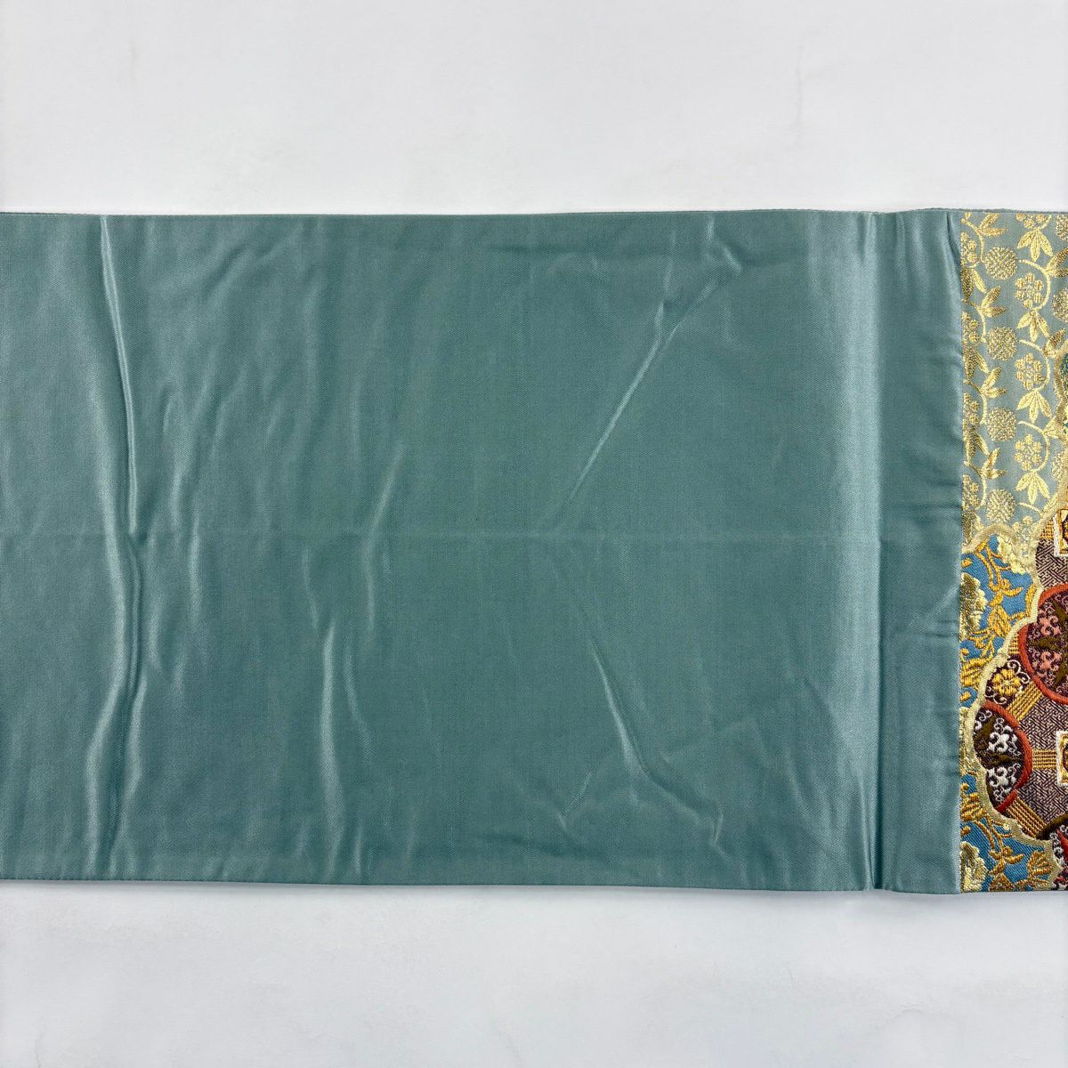 【美品】 袋帶 秀品級 彩織割付文 市松樹 金金箔 唐織 灰綠 六通 純蠶絲