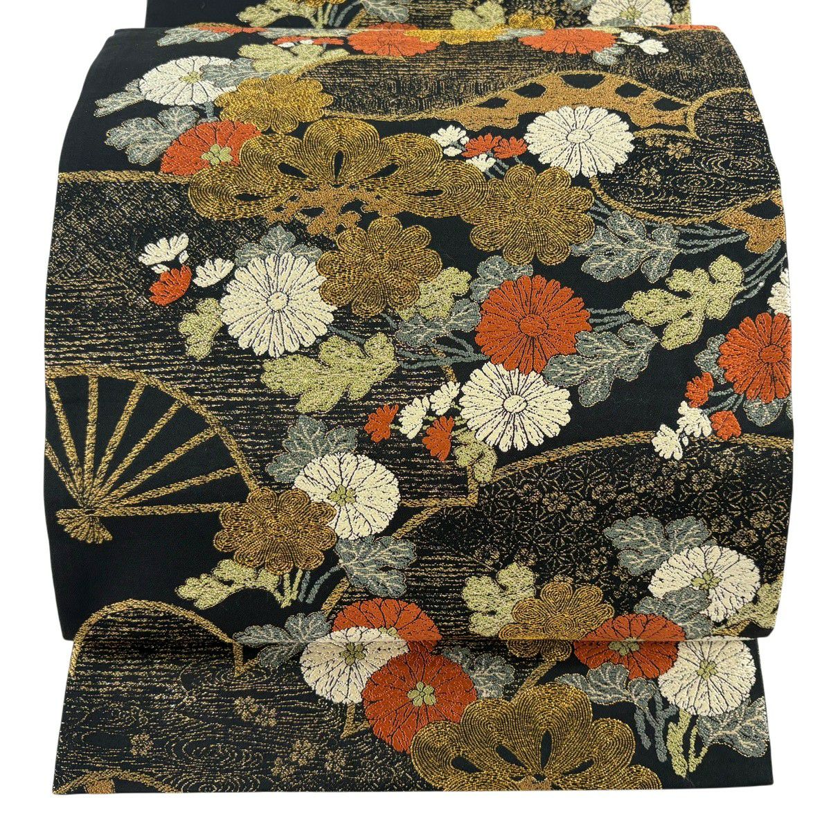 【美品】 袋帶 秀品級 菊花 松樹 金絲 金金箔 黑 六通 純蠶絲