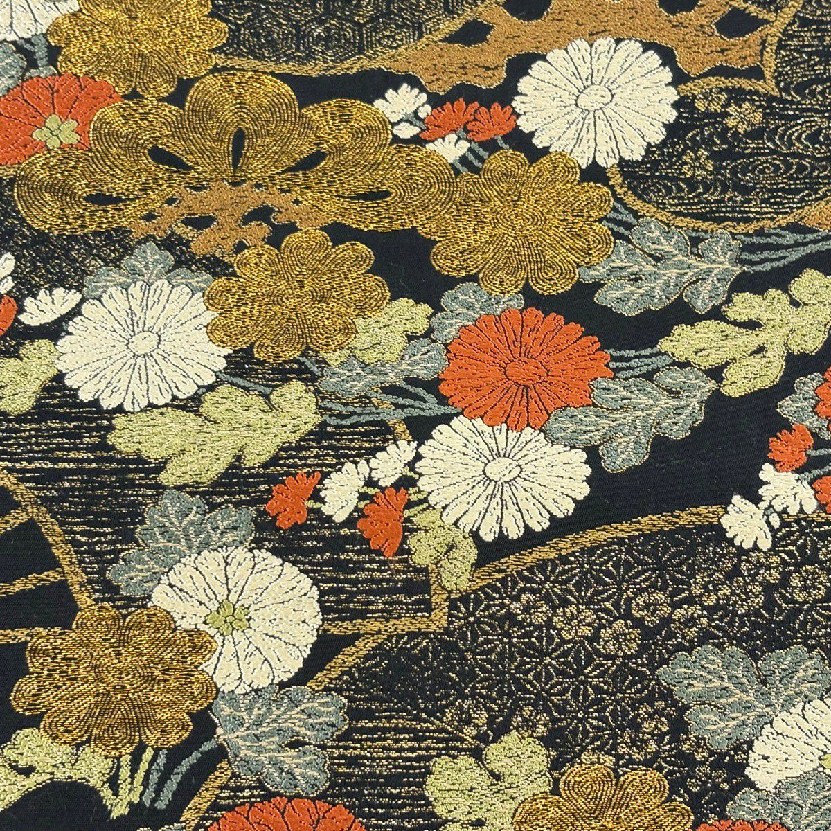 【美品】 袋帶 秀品級 菊花 松樹 金絲 金金箔 黑 六通 純蠶絲