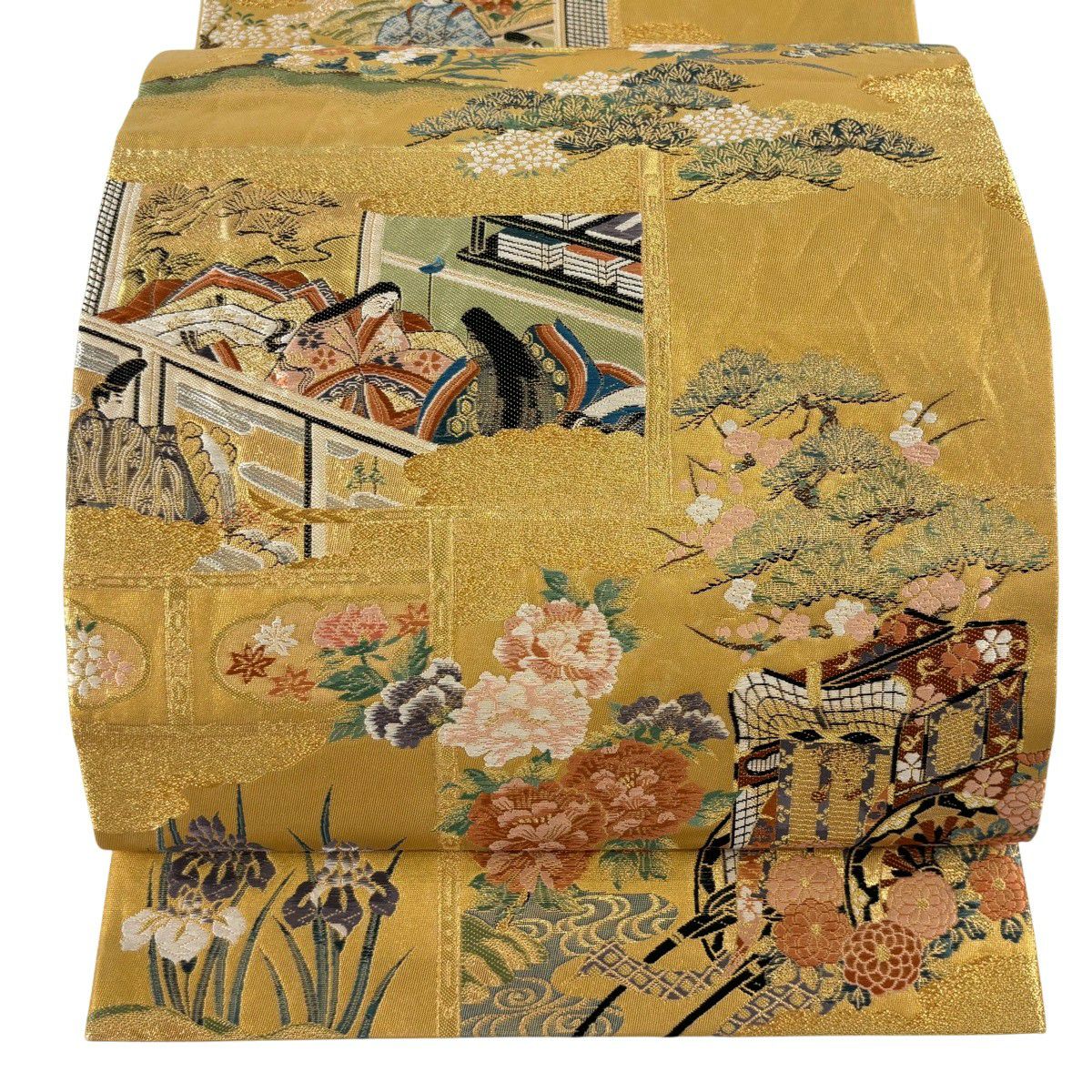 袋帶 秀品級 御所車 人物 本金金箔 金絲 金 六通 純蠶絲