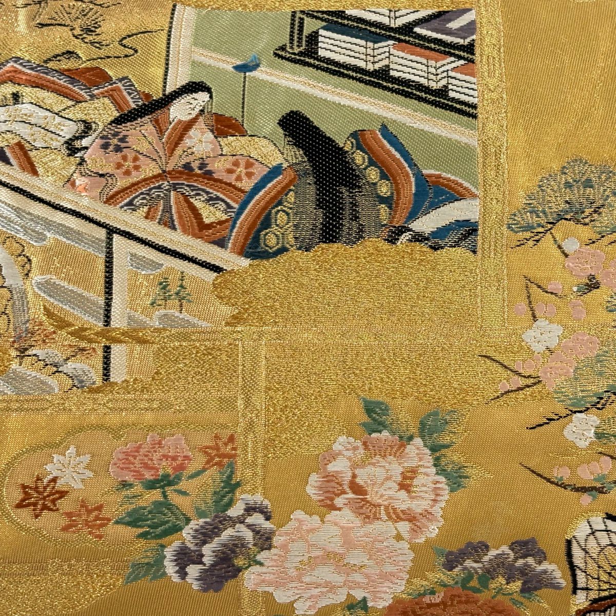 袋帶 秀品級 御所車 人物 本金金箔 金絲 金 六通 純蠶絲