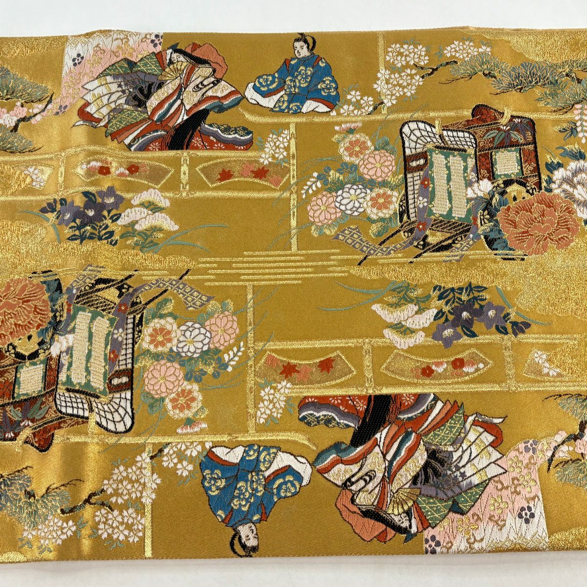 袋帶 秀品級 御所車 人物 本金金箔 金絲 金 六通 純蠶絲