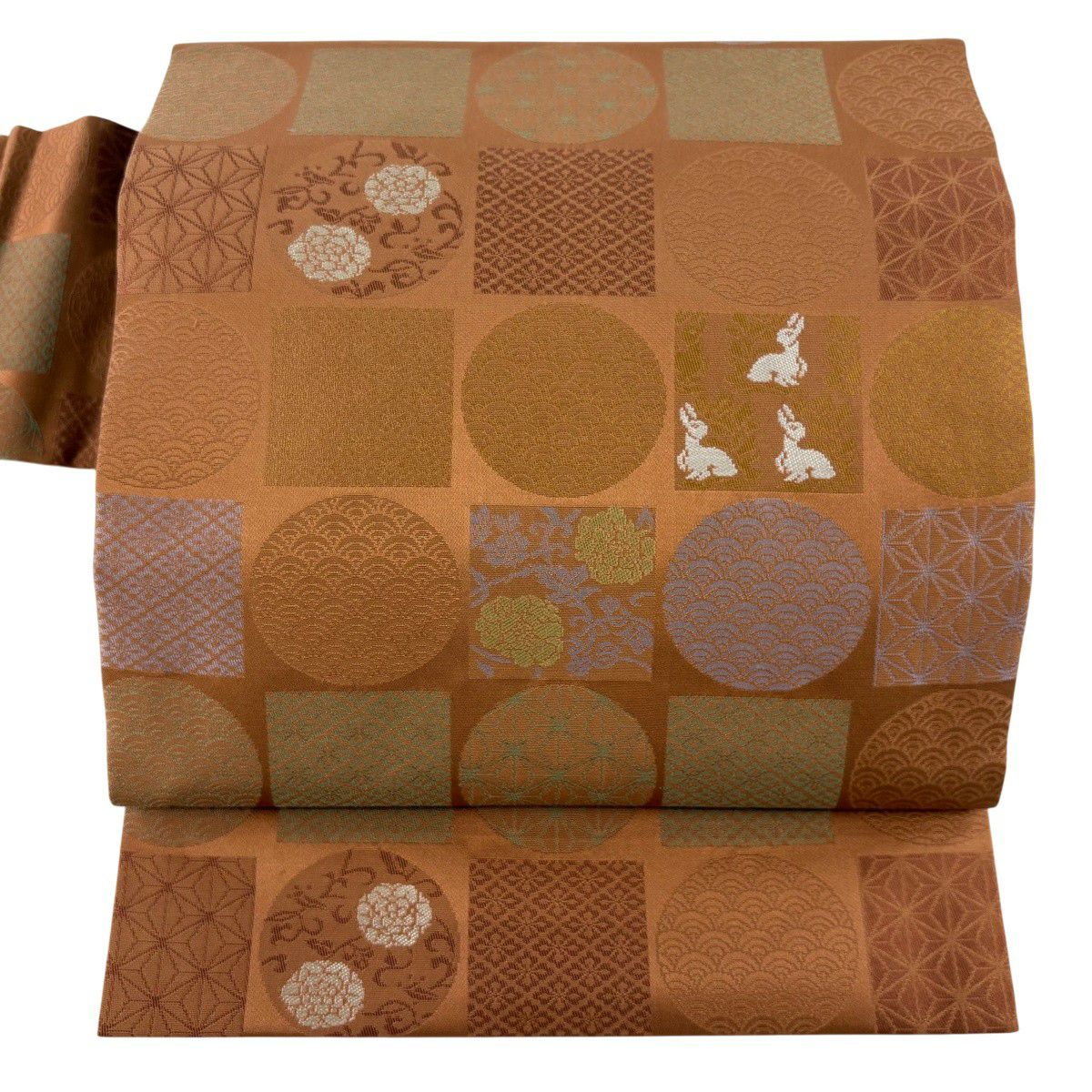 【美品】 名古屋帶 秀品級 鈴乃屋 花兔 有職紋 茶 純蠶絲