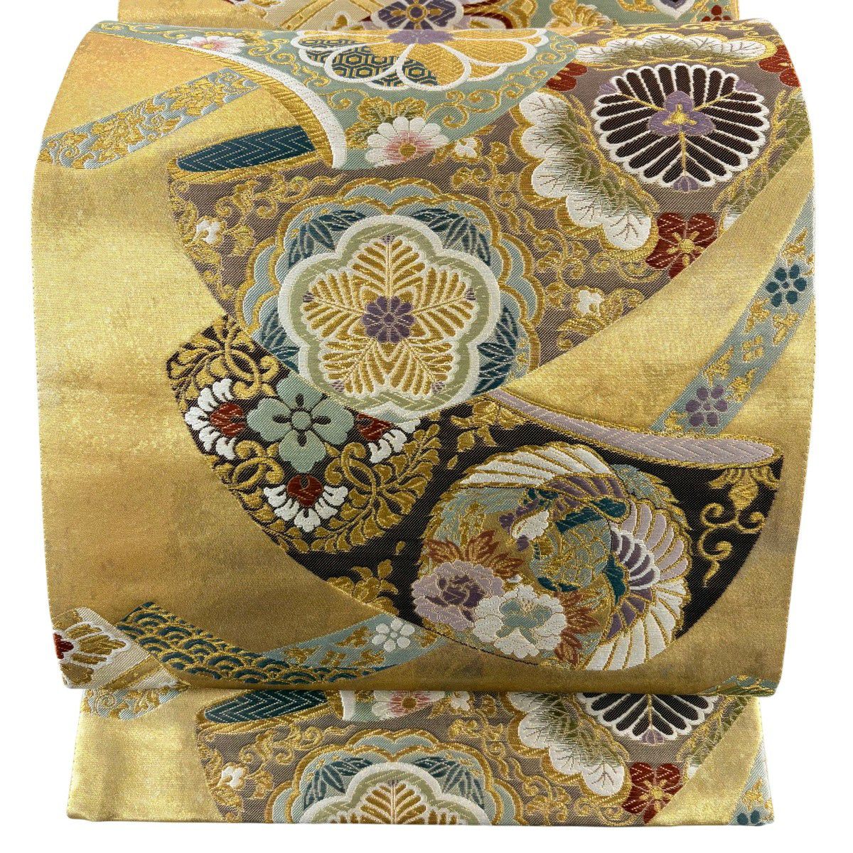 【美品】 袋帶 秀品級 誰が袖 花唐草紋 金糸 唐織 金色 六通 純蠶絲