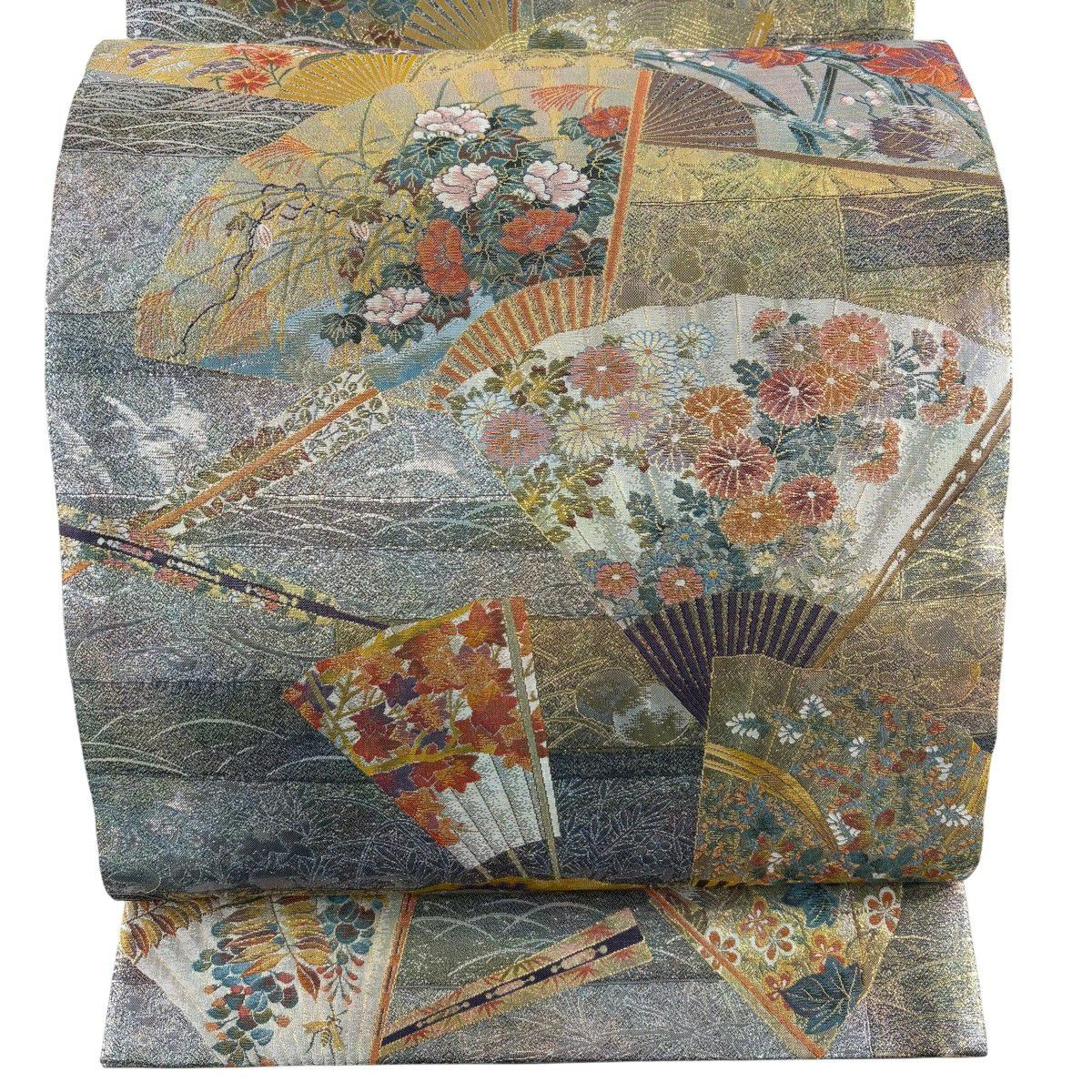 【美品】 袋帶 秀品級 24K白金雙層金金箔 琳派三十六華扇子 金線 灰紫 お太鼓圖案 純蠶絲