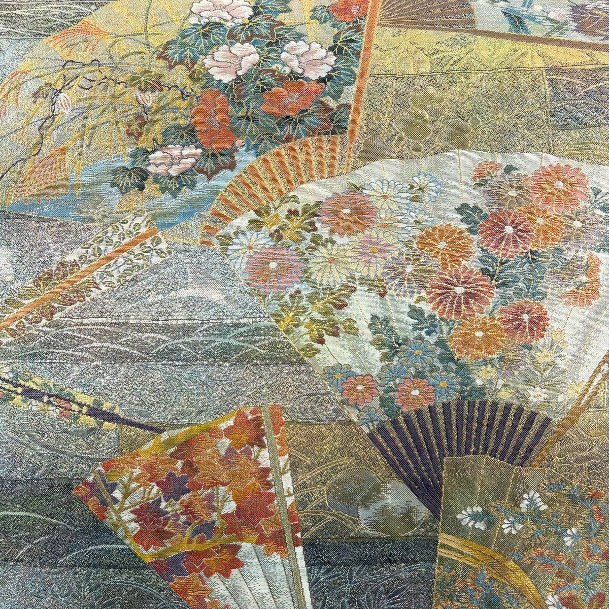 【美品】 袋帶 秀品級 24K白金雙層金金箔 琳派三十六華扇子 金線 灰紫 お太鼓圖案 純蠶絲