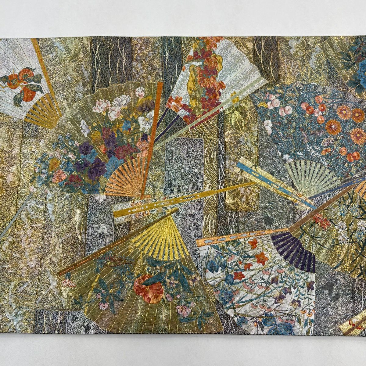 【美品】 袋帶 秀品級 24K白金雙層金金箔 琳派三十六華扇子 金線 灰紫 お太鼓圖案 純蠶絲