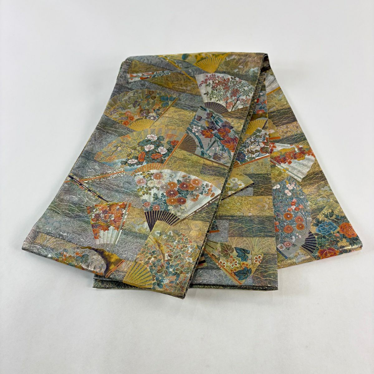 【美品】 袋帶 秀品級 24K白金雙層金金箔 琳派三十六華扇子 金線 灰紫 お太鼓圖案 純蠶絲