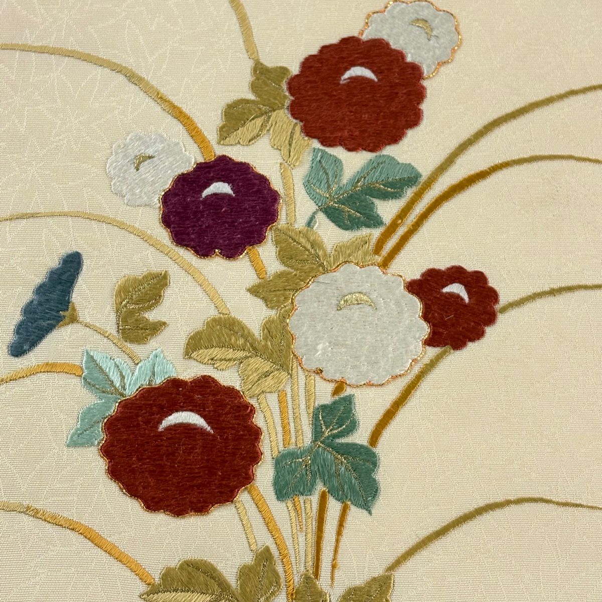 名古屋帶 秀品級 菊花葉紋刺繡 金絲 淺橙色 純蠶絲
