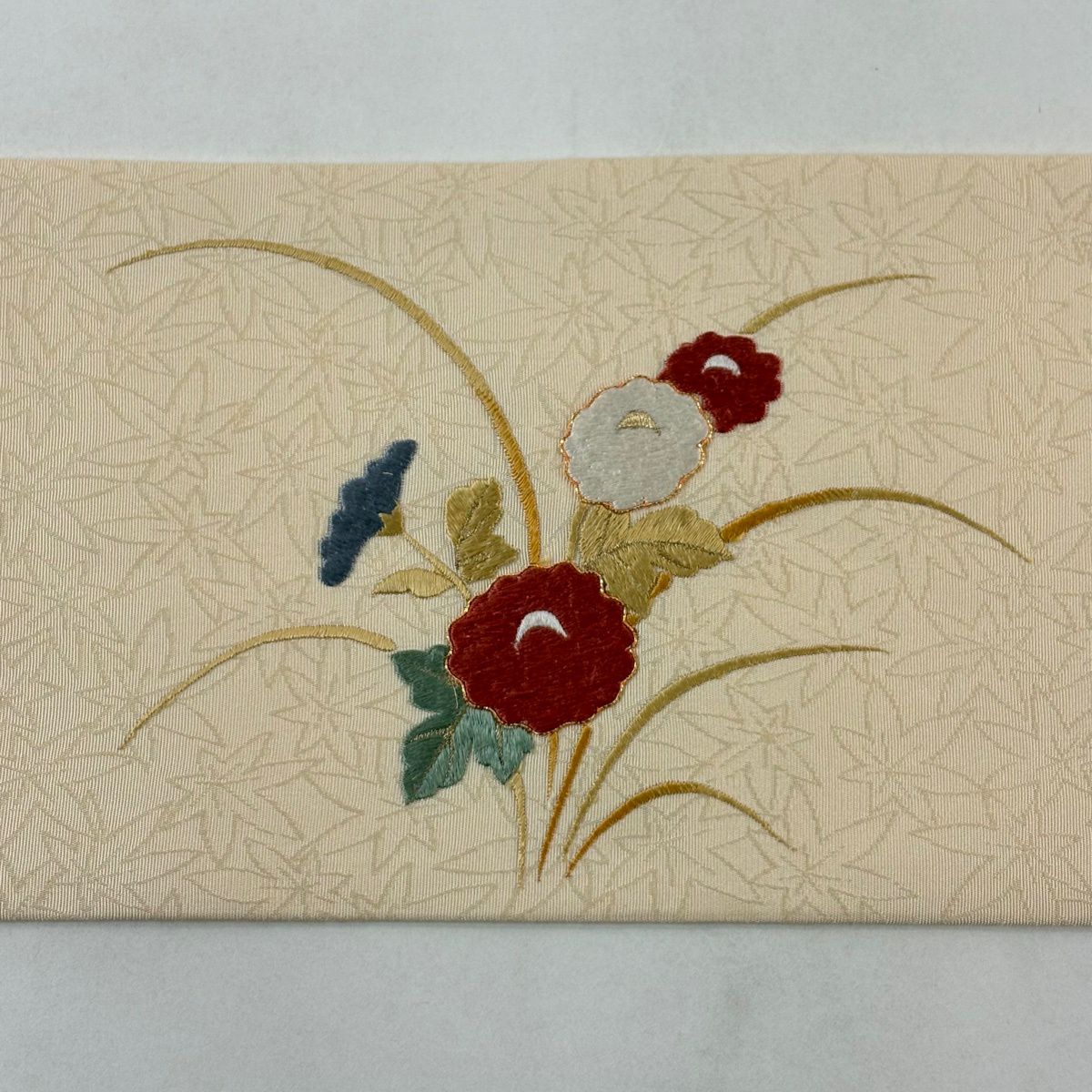 名古屋帶 秀品級 菊花葉紋刺繡 金絲 淺橙色 純蠶絲