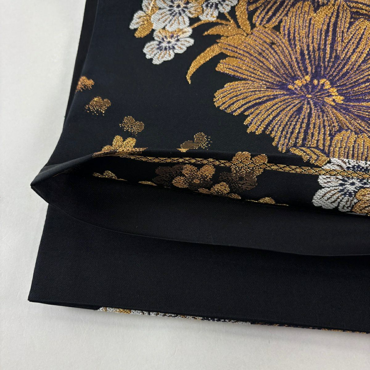 袋帶 秀品級 草花紋 金糸 金金箔 黑 六通 純蠶絲