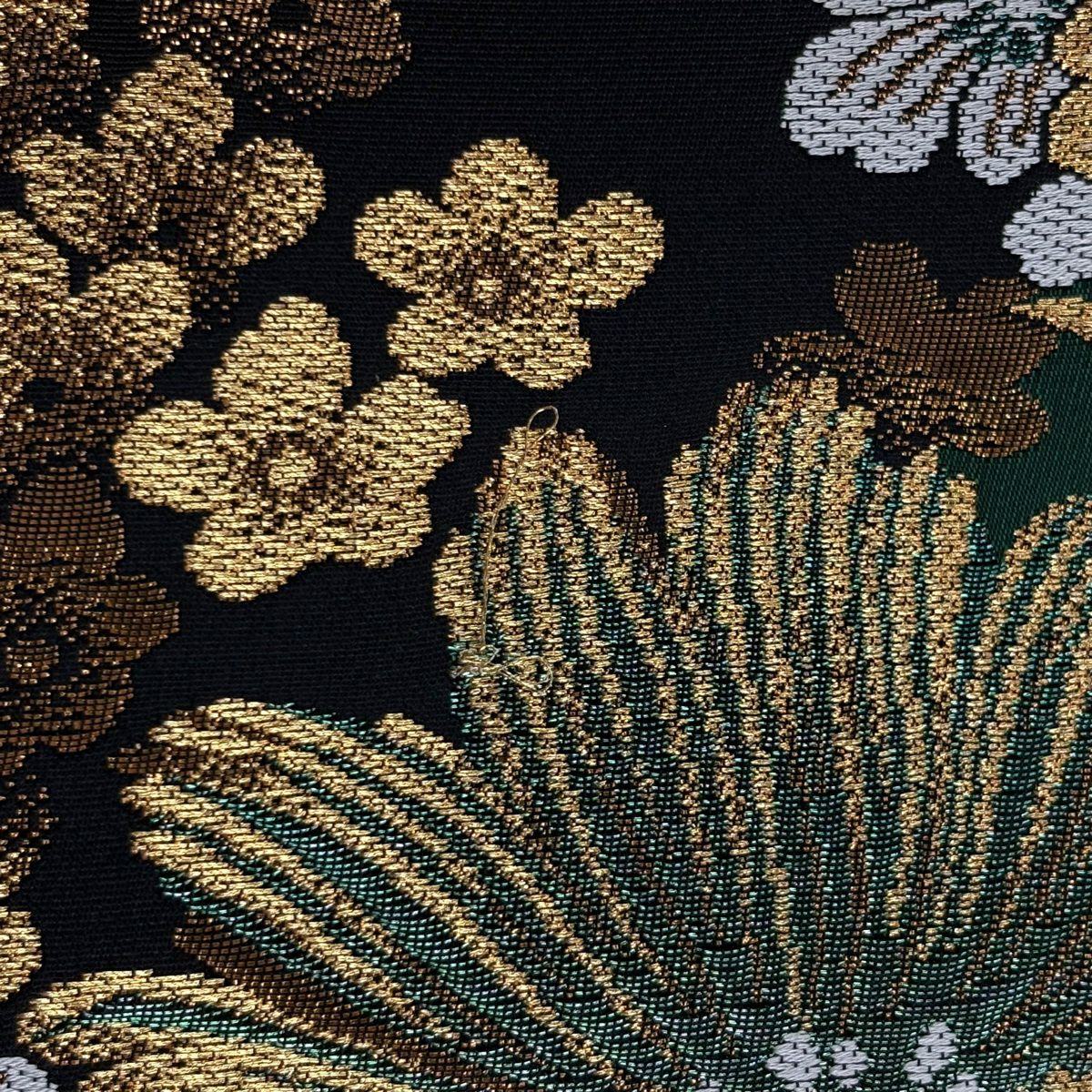 袋帶 秀品級 草花紋 金糸 金金箔 黑 六通 純蠶絲