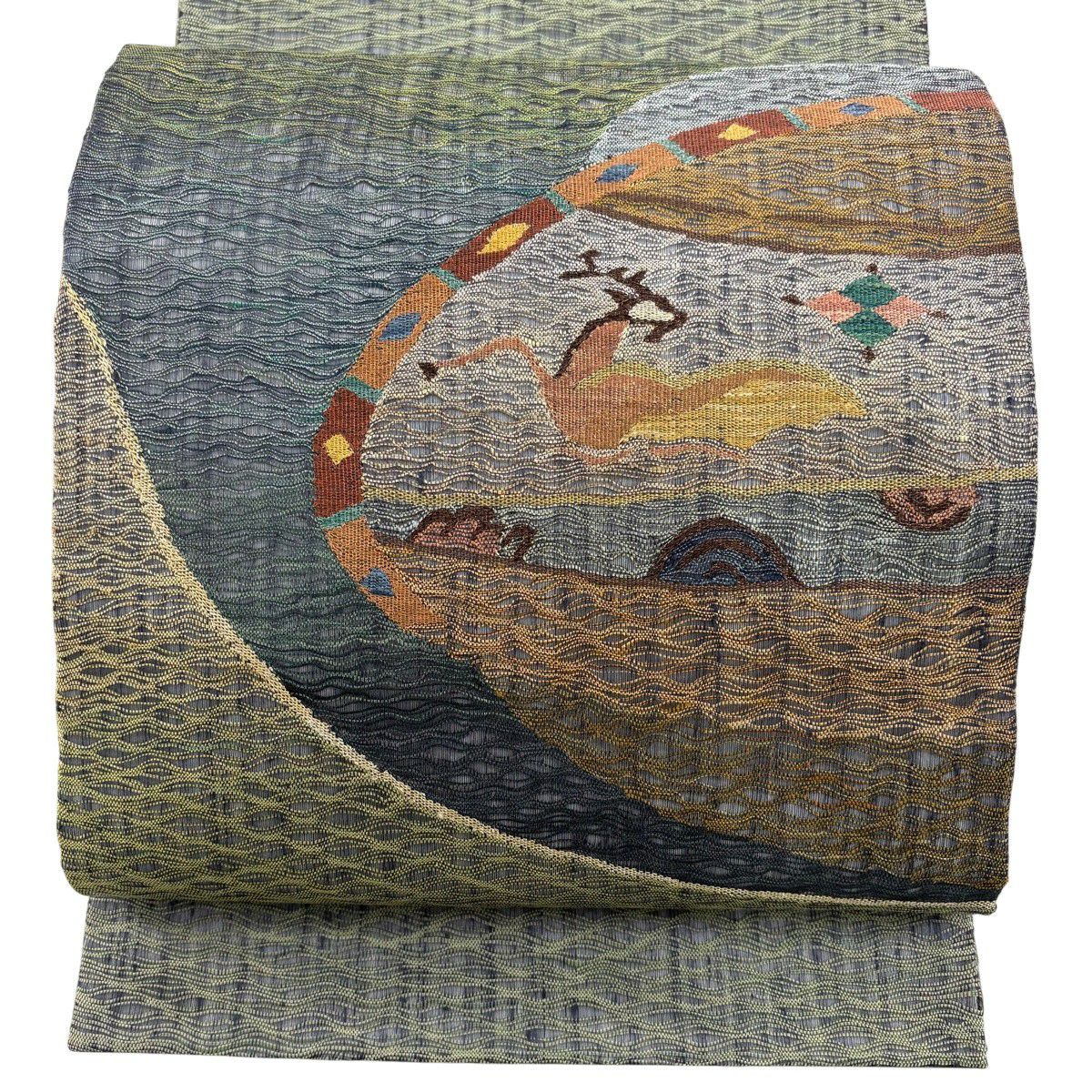 【美品】 袋帶 秀品級 動物 菱 金糸 灰綠 お太鼓柄 純蠶絲