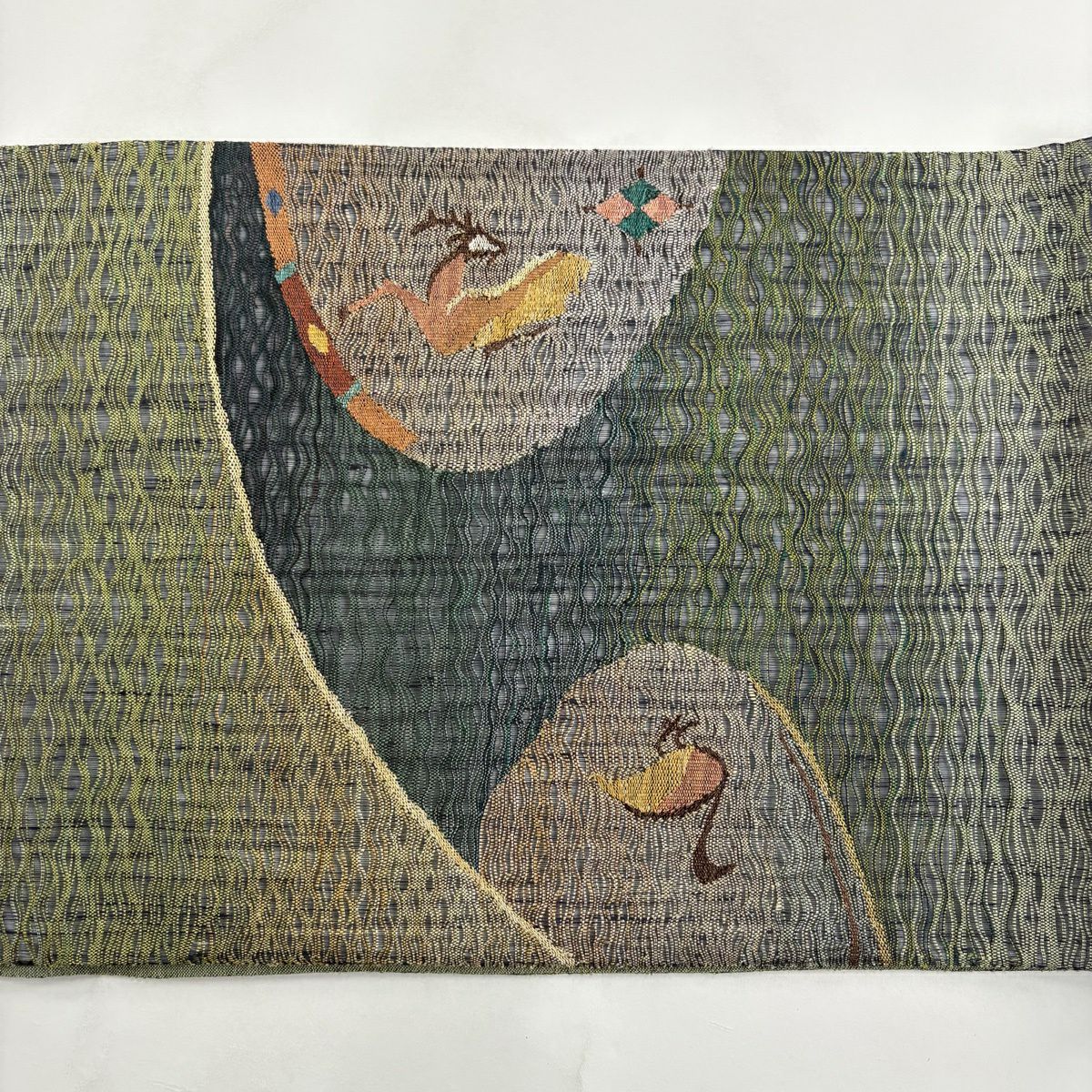【美品】 袋帶 秀品級 動物 菱 金糸 灰綠 お太鼓柄 純蠶絲