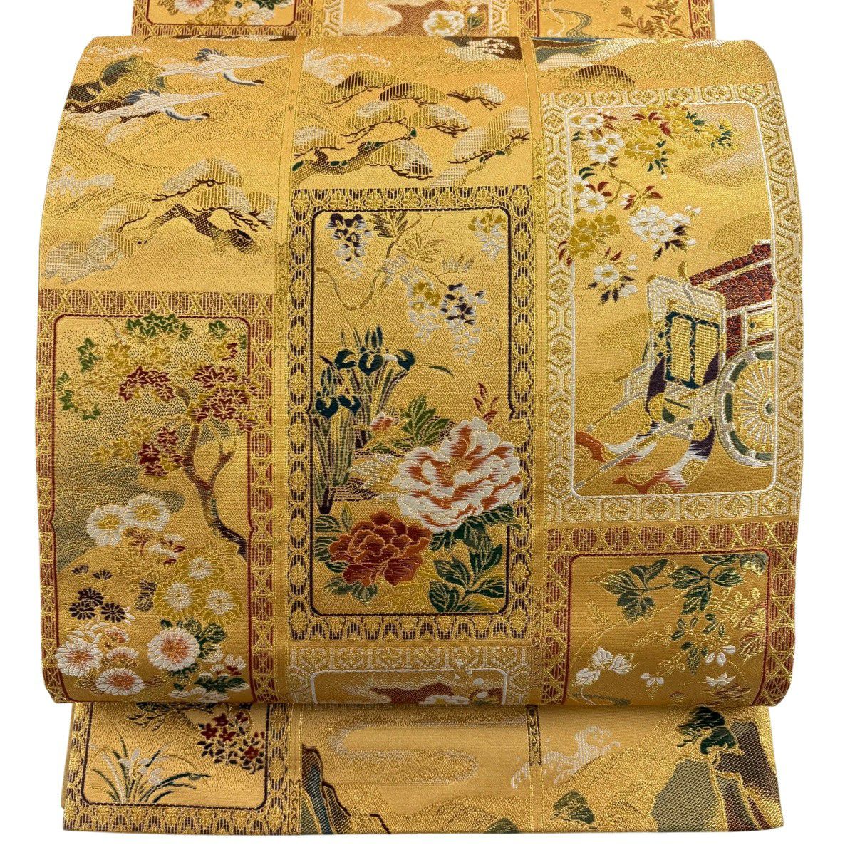 【美品】 袋帶 秀品級 本金金箔織 琳派瑞祥錦 草花紋 御所車 金銀絲 金箔 金色 六通 純蠶絲