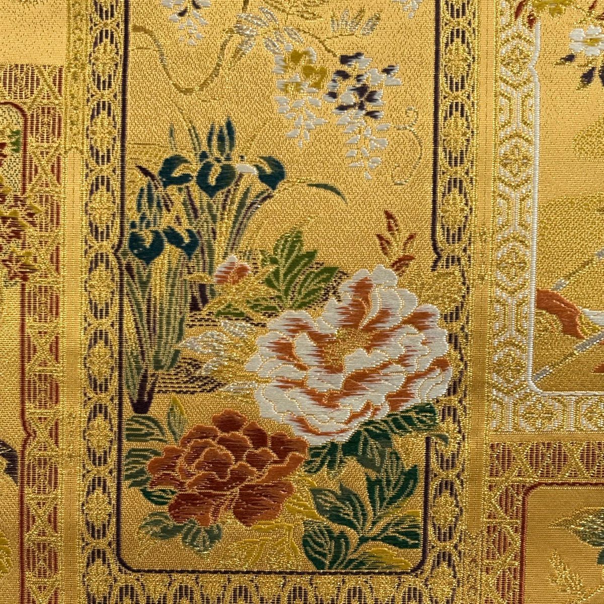 【美品】 袋帶 秀品級 本金金箔織 琳派瑞祥錦 草花紋 御所車 金銀絲 金箔 金色 六通 純蠶絲