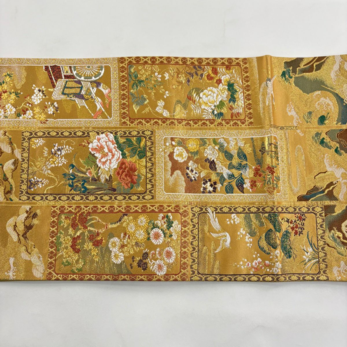 【美品】 袋帶 秀品級 本金金箔織 琳派瑞祥錦 草花紋 御所車 金銀絲 金箔 金色 六通 純蠶絲