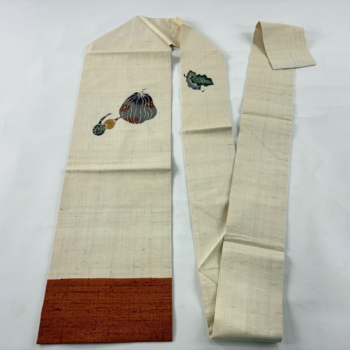 【美品】名古屋帶 秀品級 紬織織 生物圖案 奶油色 純蠶絲