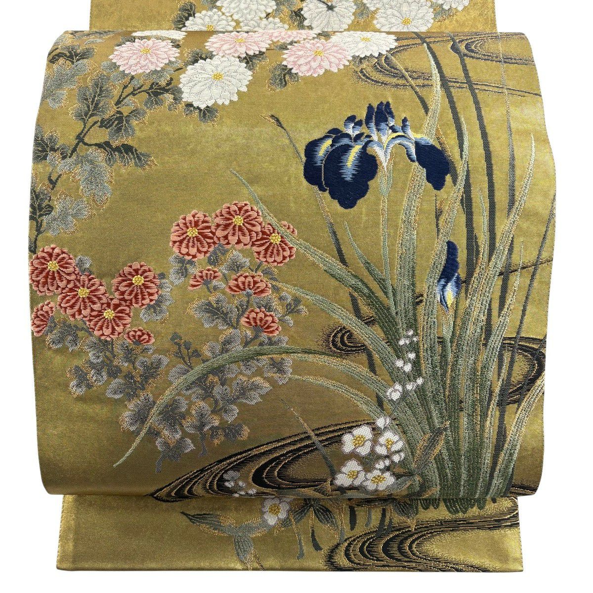 【美品】 袋帶 秀品級 草木染監修 三代目太田藤三郎 菖蒲 菊花 金金箔 金絲 金茶 大鼓圖案 純蠶絲