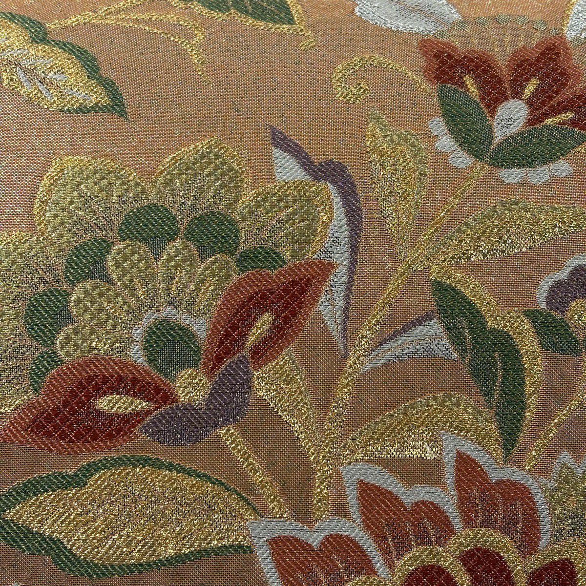 【美品】 袋帶 秀品級 花唐草紋 金銀彩 金金箔 粉米色 六通 純蠶絲