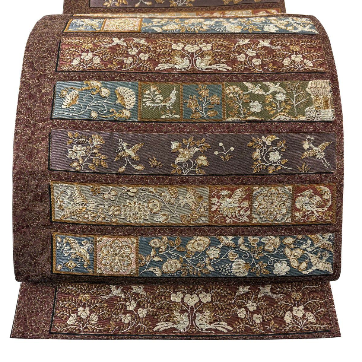 【美品】 袋帶 秀品級 花鳥 唐草紋 金絲 金金箔 茶紫 六通 純蠶絲