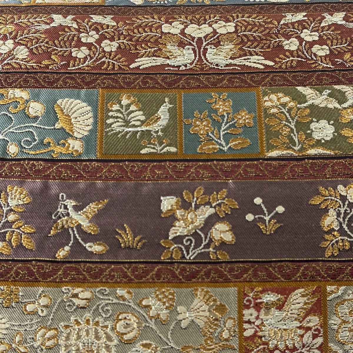 【美品】 袋帶 秀品級 花鳥 唐草紋 金絲 金金箔 茶紫 六通 純蠶絲