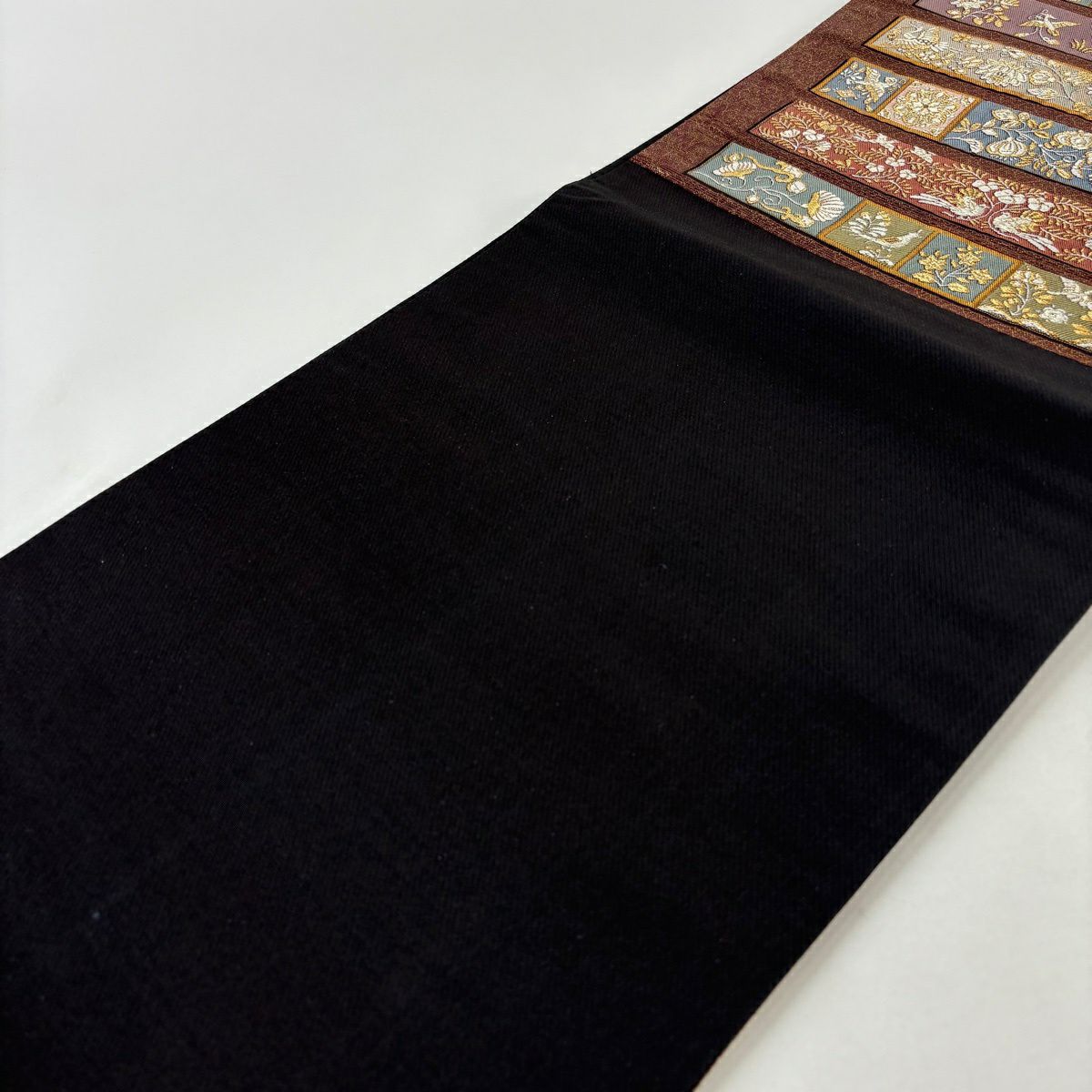 【美品】 袋帶 秀品級 花鳥 唐草紋 金絲 金金箔 茶紫 六通 純蠶絲