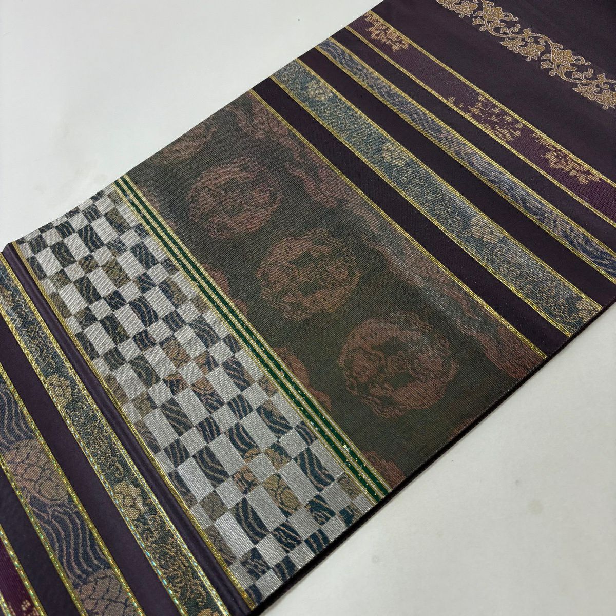 袋帶 秀品級 荒磯 段紋 螺鈿金金箔 金銀彩 紫色 大鼓圖案 純蠶絲