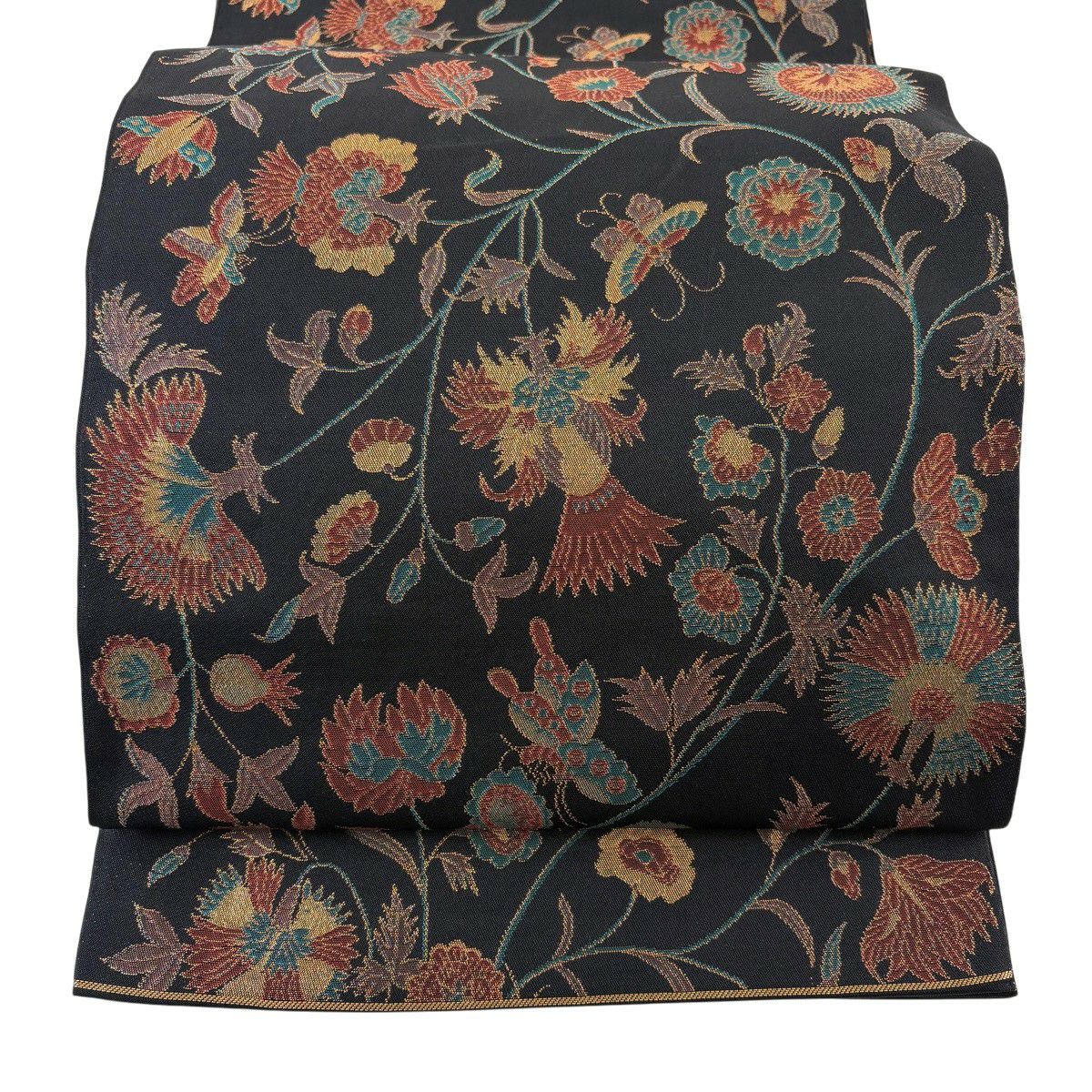 【美品】 袋帶 秀品級 織悅 落款 花唐草紋 蝶 金金箔 黑 全通 純蠶絲