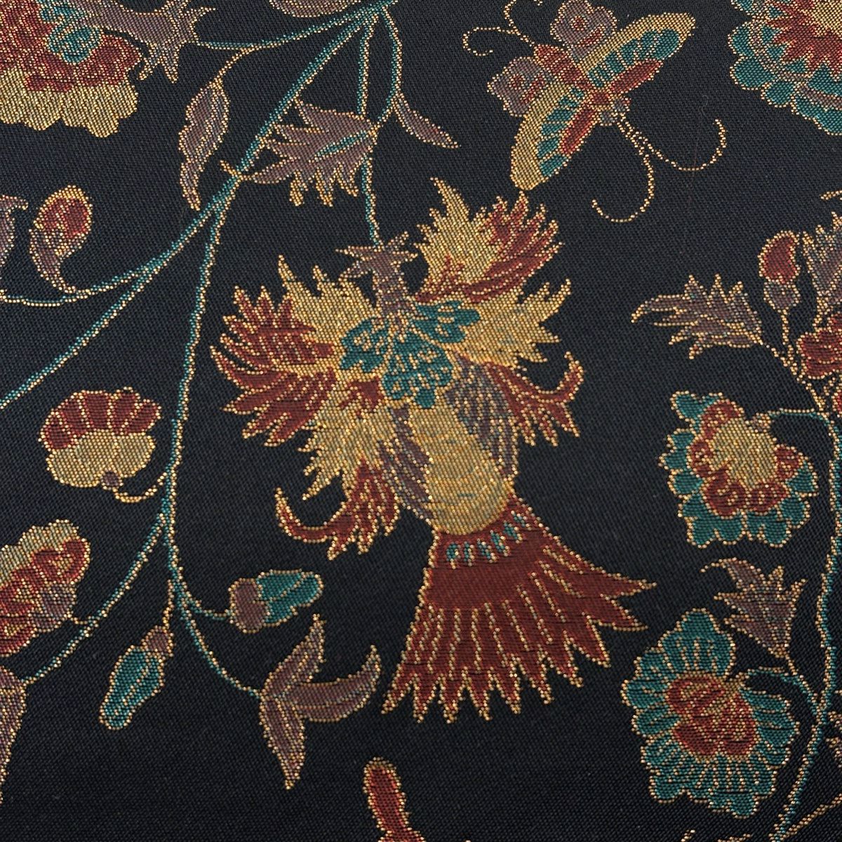 【美品】 袋帶 秀品級 織悅 落款 花唐草紋 蝶 金金箔 黑 全通 純蠶絲