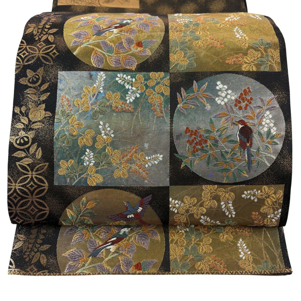 【美品】 袋帶 秀品級 花鳥 唐織 金金箔 金色 大鼓圖案 純蠶絲