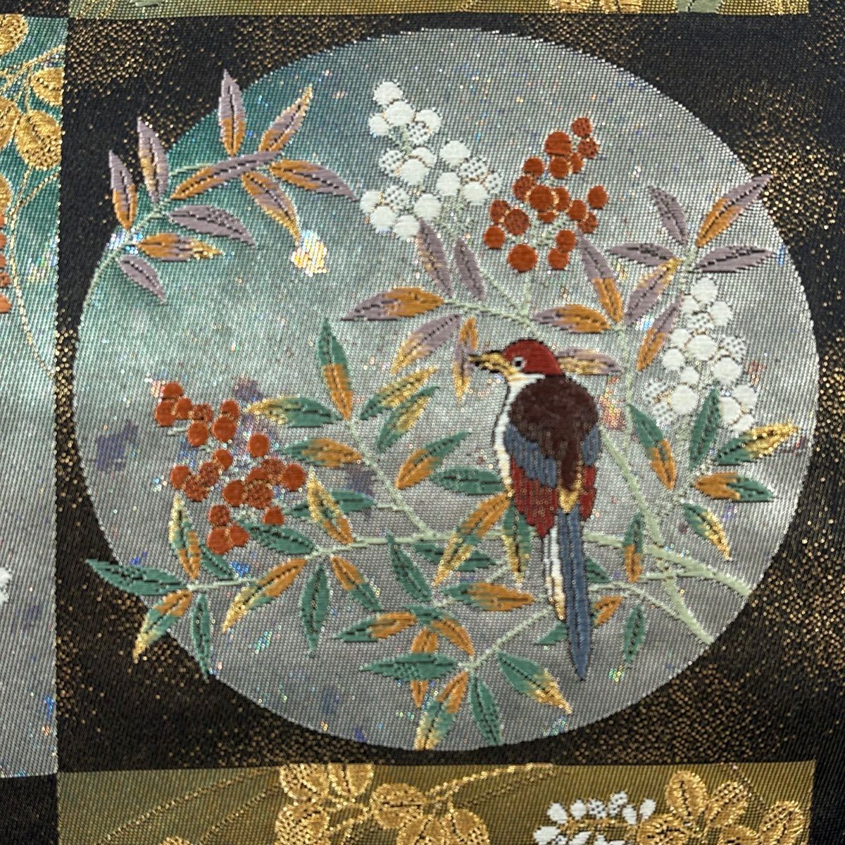 【美品】 袋帶 秀品級 花鳥 唐織 金金箔 金色 大鼓圖案 純蠶絲