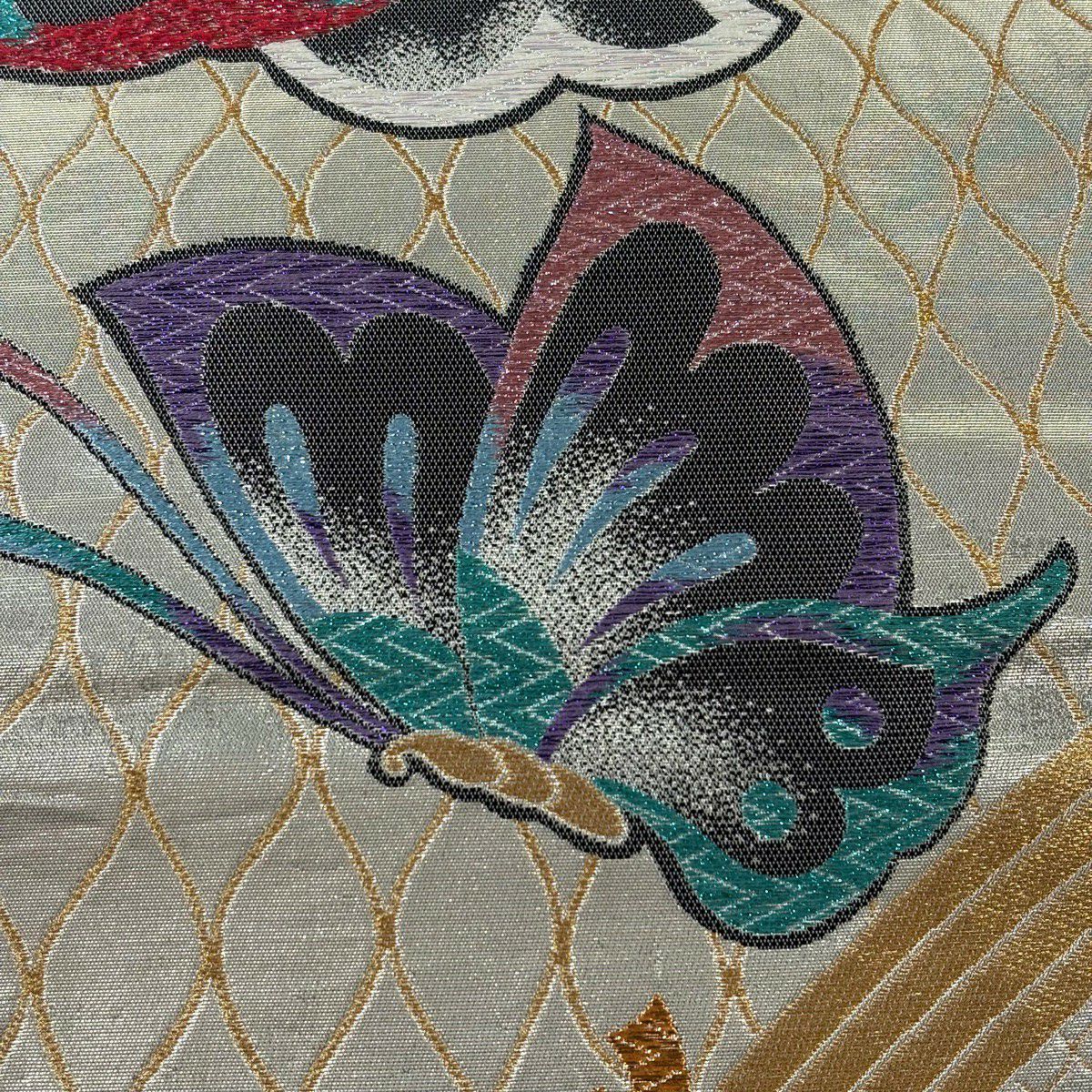 袋帶 秀品級 蝶 網目 金絲 金金箔 金色 六通 純蠶絲