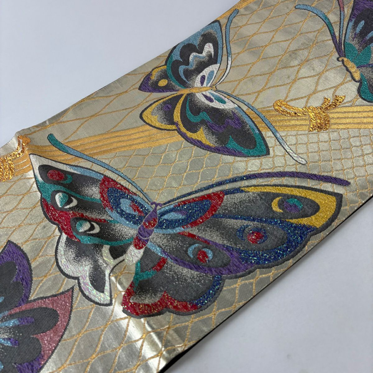 袋帶 秀品級 蝶 網目 金絲 金金箔 金色 六通 純蠶絲