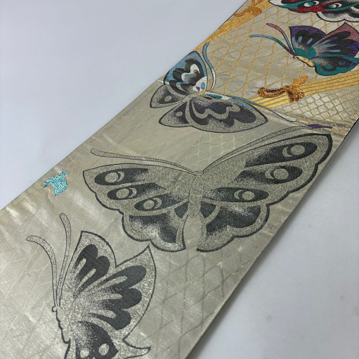 袋帶 秀品級 蝶 網目 金絲 金金箔 金色 六通 純蠶絲