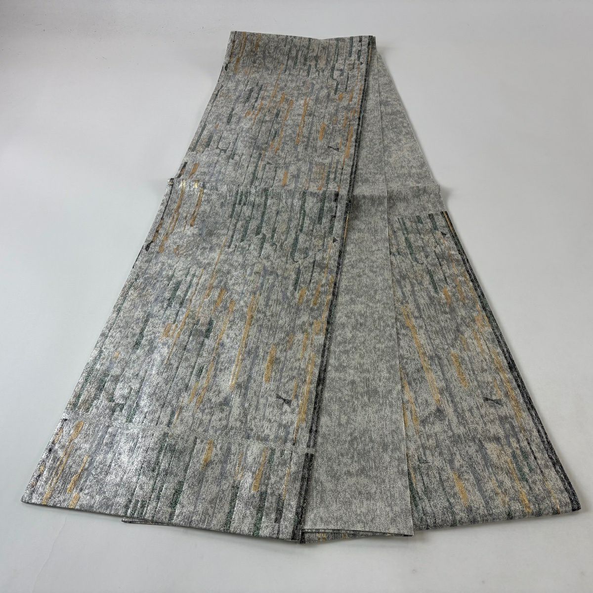 【美品】 袋帶 秀品級 條紋 幾何圖案 金金箔 銀 六通 純蠶絲