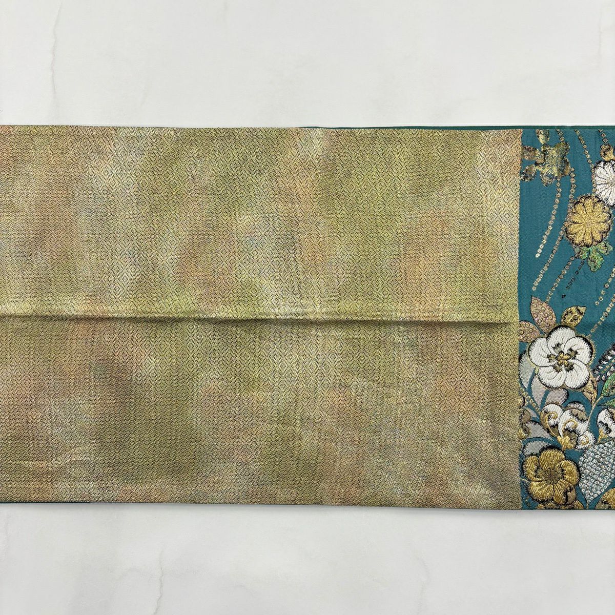袋帶 秀品級 辻花染圖案 波紋 金金箔 唐織 青綠 六通 純蠶絲