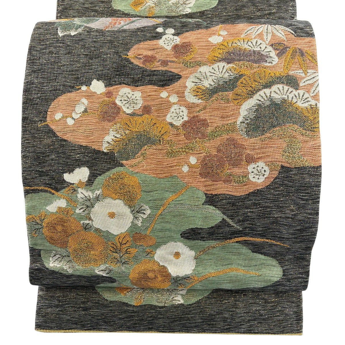 【美品】 袋帶 秀品級 關西仕立 松樹竹子梅花 霞 金金箔 金絲 黑灰 六通 純蠶絲