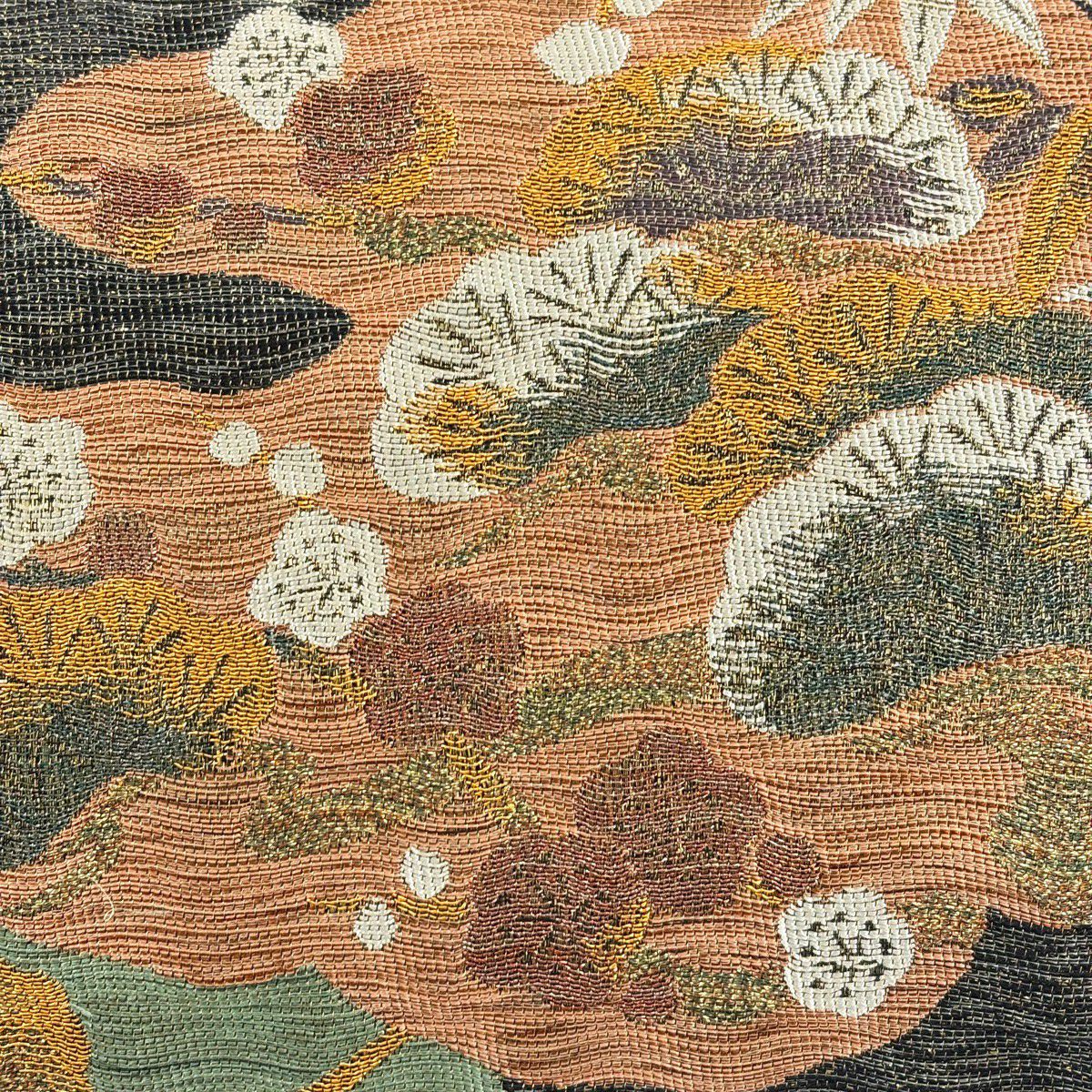 【美品】 袋帶 秀品級 關西仕立 松樹竹子梅花 霞 金金箔 金絲 黑灰 六通 純蠶絲