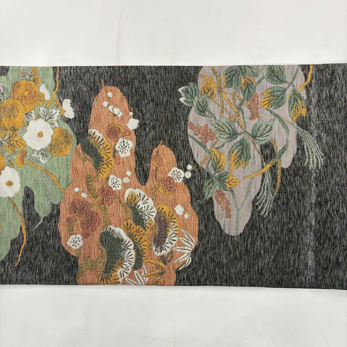 【美品】 袋帶 秀品級 關西仕立 松樹竹子梅花 霞 金金箔 金絲 黑灰 六通 純蠶絲