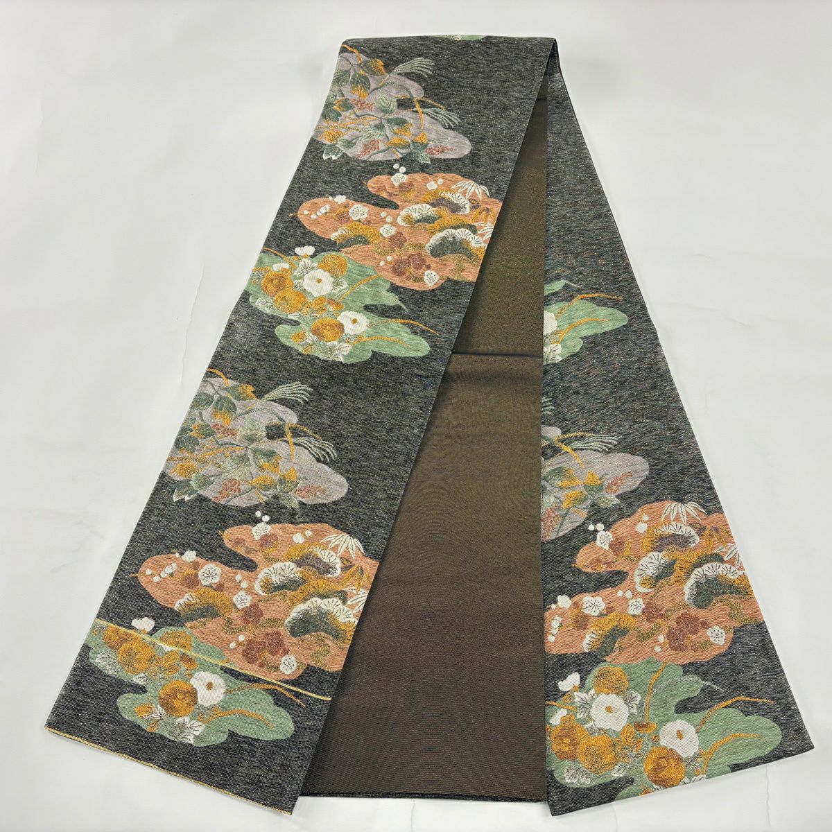 【美品】 袋帶 秀品級 關西仕立 松樹竹子梅花 霞 金金箔 金絲 黑灰 六通 純蠶絲